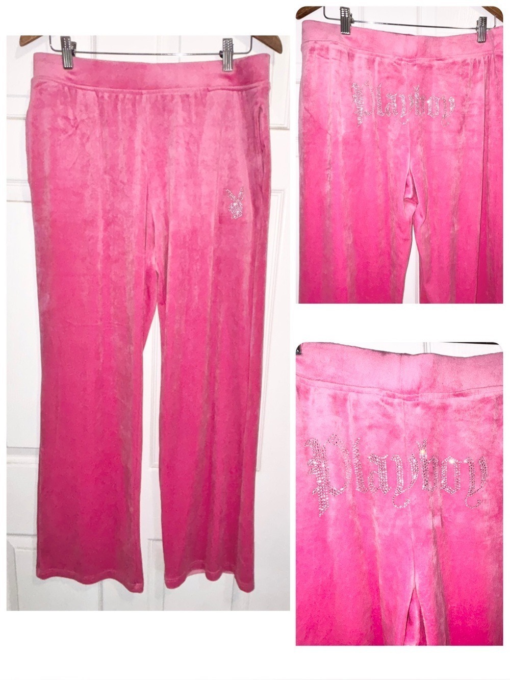 PLAYBOY Pants Pink Velour Wide Leg Rhinestone Bling Pull On Size XL